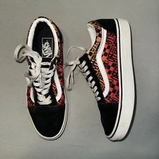 Vans Old Skool 721356 Unisex M8-W9.5 Skate Shoes Black Red Logo Flame Sneakers
