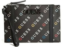 NEW GUESS Women's Alastair Black Rainbow Logo Zip Wristlet Wallet Clutch Bag