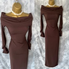 New PLT Brown Long Sleeve Bardot Evening Party Cocktail Long Bodycon Dress 6 UK
