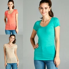 Women 2 Tone Melange Scoop Neck Short Sleeve T-Shirt Soft Stretch Basic Tee 8601