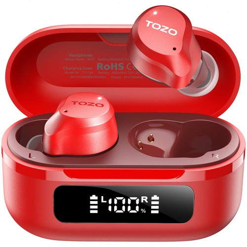 TOZO NC9 Hybrid Active Noise Cancelling Wireless Earbuds, Red | Refur