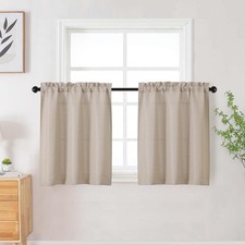 Linen Short Curtains Tier 30 Inch Length 2 Panels Set, Faux Linen Textured Sm...