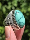 HUGE 38g VINTAGE NAVAJO CAST TURQUOISE STAMP WORK STERLING SILVER RING SIZE 10.5