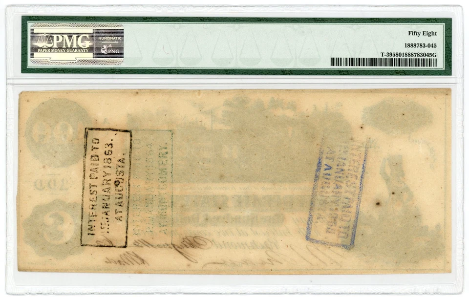 1862 T-39 $100 The Confederate States of America Note - CIVIL WAR Era PMG AU 58 - Image 2 of 2