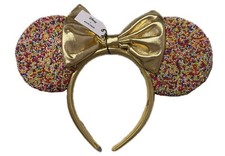 Diadema Disney X BaubleBar Rainbow Sprinkle Minnie Ears lazo dorado nueva con etiquetas