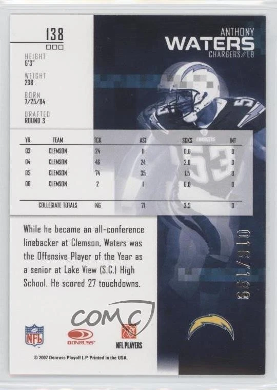 2007 Leaf Rookies & Stars Rookie Longevity Parallel /199 Anthony Waters #138 RC - Image 2 of 2