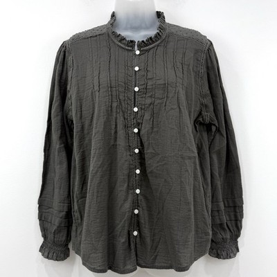 Quince Top Women's L Charcoal 100% Organic Cotton Peasant Cottagecore Pintuck