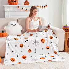 Spooky White Pumpkin Bat Throw Blanket 50x60 Inch Indoor Fall Cozy Decor NEW