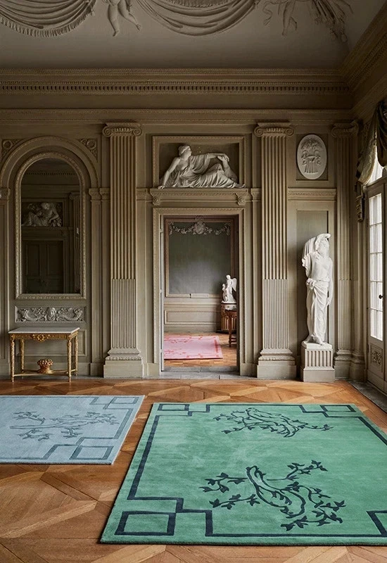 Chinoiserie - Alfombra de lana suave verde loro, acolchada a mano 5x8, 6x9, 8x10 Foto 4 de 4