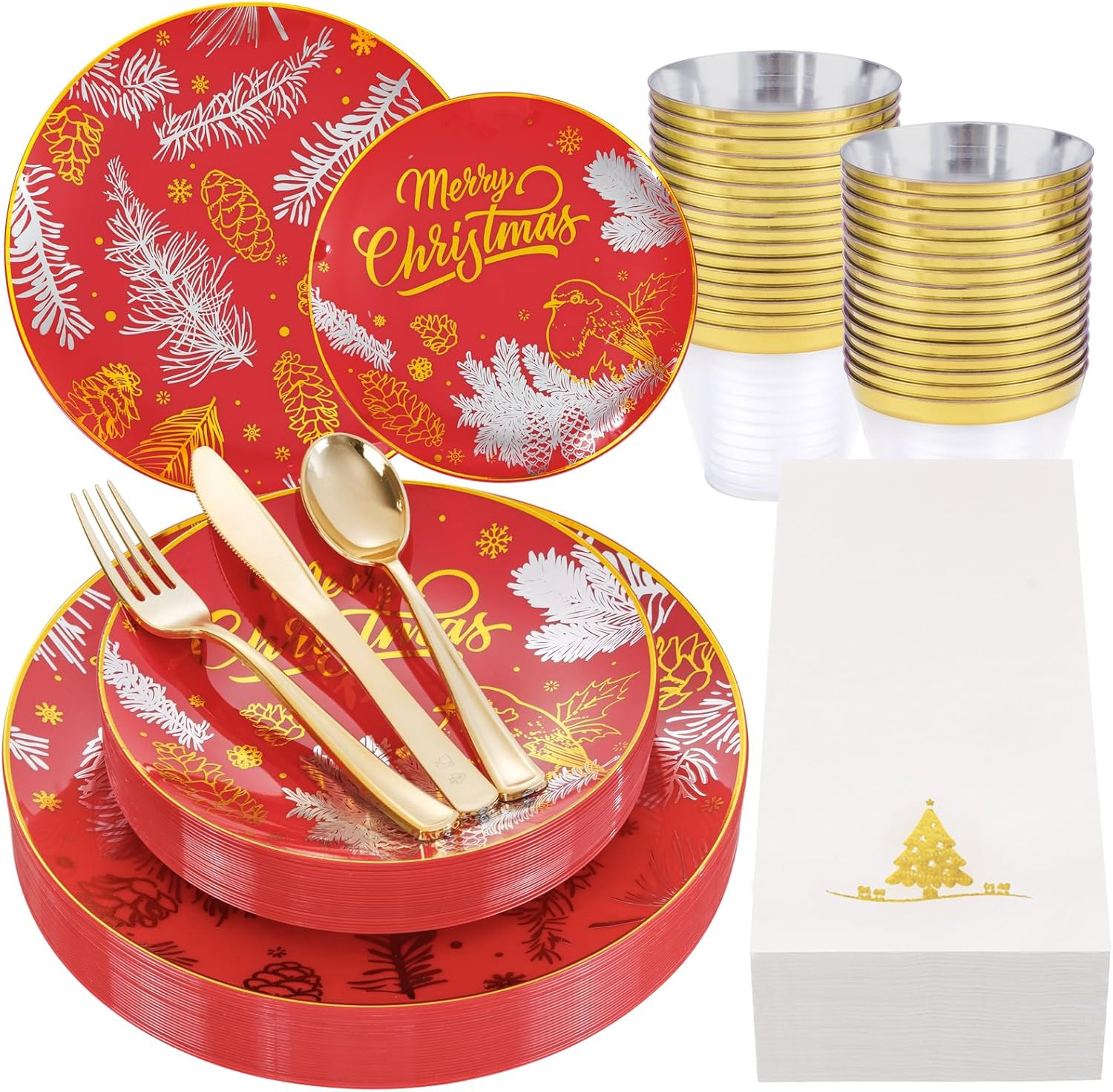 Nervure 175-Piece Red Christmas Plastic Dinnerware Set with Coordinating Accessories