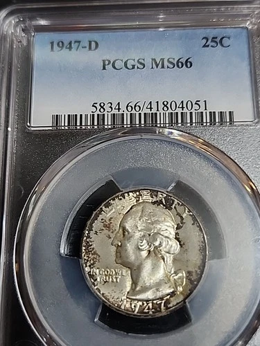 1947 D Uncirculated Washington Silver Quarter,  PCGS MS66 Toned Free Shipping
