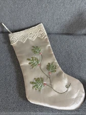 2002 Martha Stewart Everyday Living Ivory Satin Christmas Embroidered Stocking