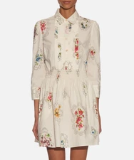 Red Valentino Floral Print Smocked Long Sleeve Mini Shirt Dress sz 48 Pre-owned 