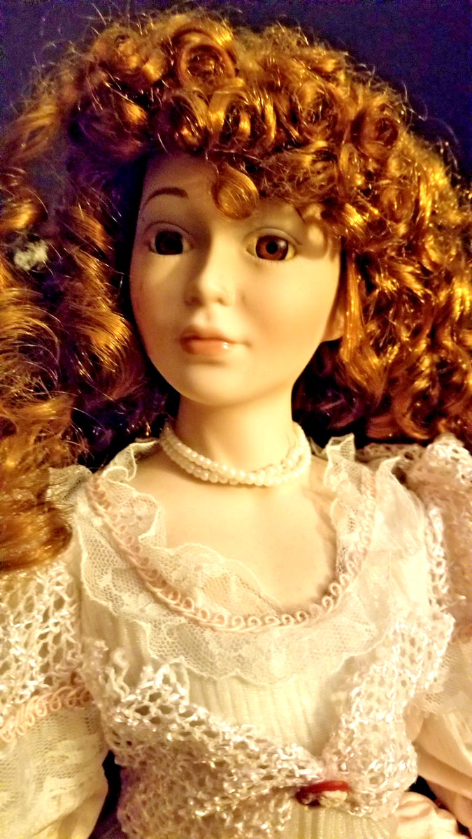 Victorian Doll, Porcelain, 21 inches Tall, Red Hair. Lace Gown