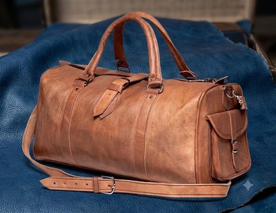 Genuine Goat Duffel Bag Handmade Weekend Travel Bag Large Aged Brown Leather