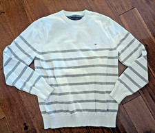 Tommy Hilfiger Men  s Size Large Sweater White Gray Stripe Crewneck 100 Cotton