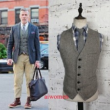 Mens Vintage Tweed Herringbone Waistcoat Single-breasted V-neck Wool Blend Vest