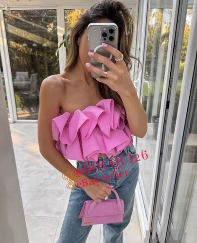 ZARA TOP DONNA NUOVO SS24 ROSA PASTELLO FASCIA CON VOLANT TAGLIA SMALL NUOVO CON ETICHETTE 1014/333 - Foto 4 di 4