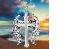 MEMORIAL URN WING CROSS ASHES Pendant 22" 925 Sterling Silver Necklace Women Men