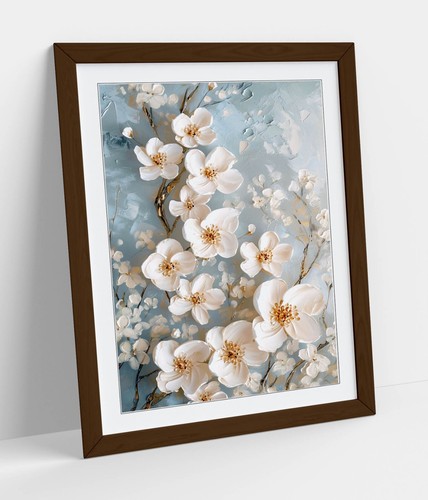 WHITE FLOWERS PAINTED ON BLUE BACKGROUND -FRAMED WALL ART POSTER PAPER PRINT - Picture 2 of 11
