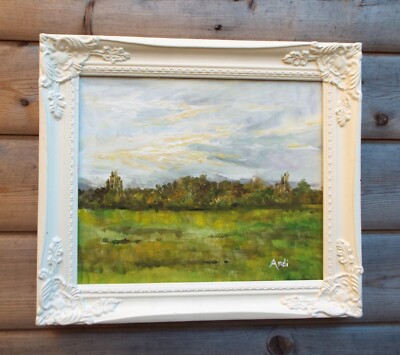 Englische Landschaft Sommerfeld in der Abenddämmerung Original Gemälde Andi J Lucas
