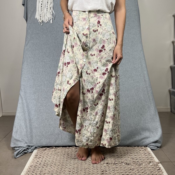 Vintage Just Jeans Maxi Skirt Womens 8 Yellow Floral High Rise Button Up Boho