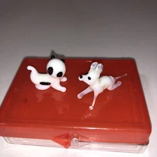 Murano Style Figurine Figure Dog and  At White & Black Glass Miniature Set Of 2