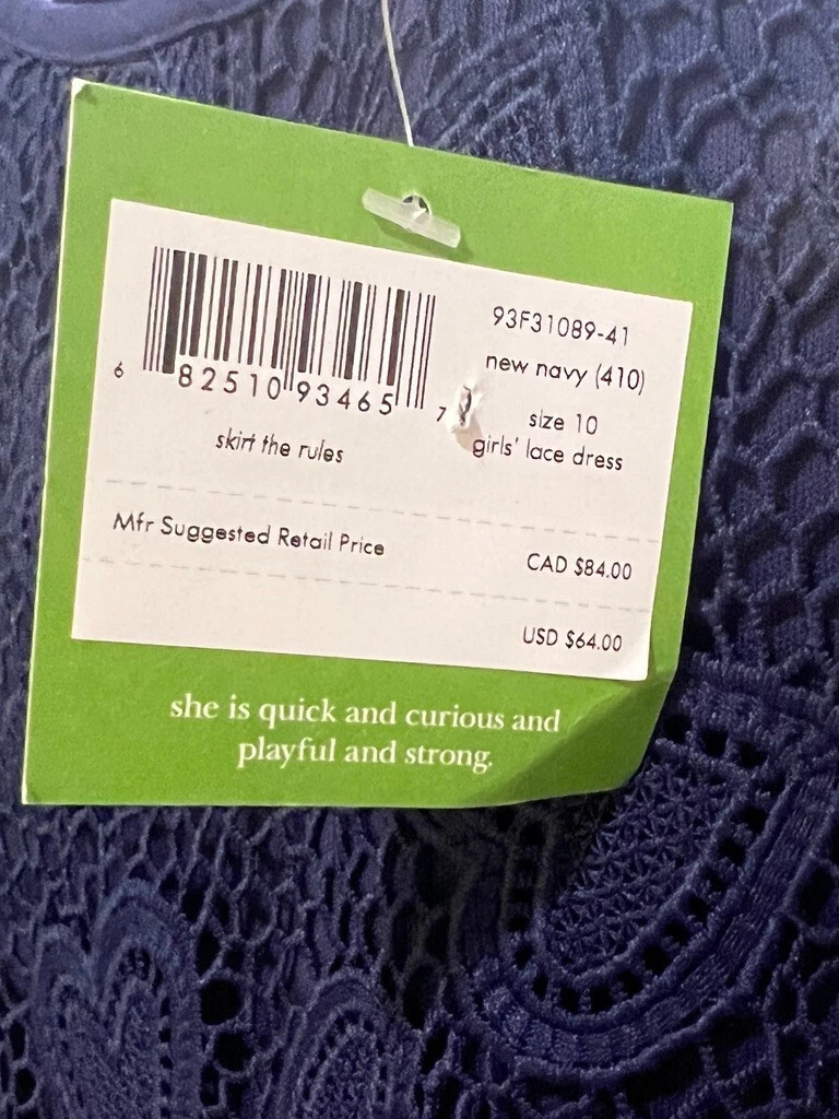 Abito blu navy Kate Spade con cambio pizzo cuore ragazza taglia 10 nuovo con etichette nuovo con etichette