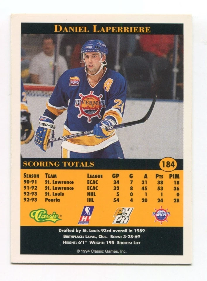 1994 Classic Blue Chip Daniel Laperriere Signed Card Hockey Autograph AUTO #184 - Image 2 of 2