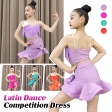 Girls Fringe Salsa Latin Dance Dress Tango Competition Training Top Skirt Suit