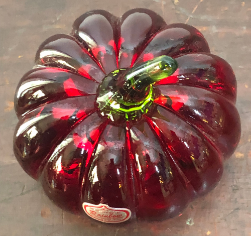 Vintage Rainbow Viking Glass Pumpkin Paperweight Green Stem - Picture 3 of 4