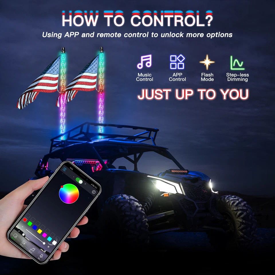 2X 4FT RGB LED Spiral Chasing Whip Light Motorcycle Remote Control ATV Off Road - Image 3 of 4