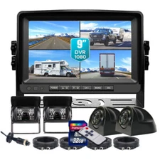 9 Quad Split Screen DVR Monitor Backup Rear View Camera For Truck VAN Trailer RV