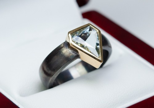 585 Oro / 925 Argento, Ossidati - Vintage Anello Design - Naturale Acquamarina