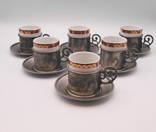 6 Schnapsbecher Porzellan - Metallbecher mit Teller - Metalleinsatz