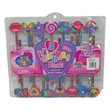 LISA FRANK 14 VALENTINE PENCILS W ERASER TOPPERS NEW IN PACKAGE HEART BEAR LOVE