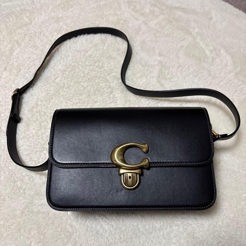 COACH Black Leather Shoulder Bag C6641 B4/BK Gold Men Women Authentic