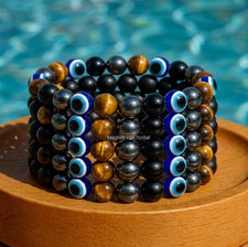 5PCS Evil Eye Triple Protection Bracelet Black Obsidian Tiger Eye Hematite Stone