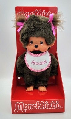 Monchhichi Classic 20cm 255550 Twin Tail Girl Pink Bib and Pig Tails Plush Toy
