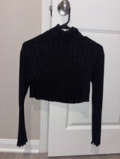 Zara Womens Black Rib-Knit Mock Neck Cropped ...