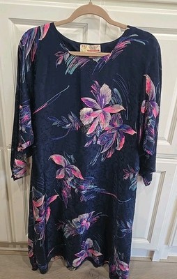 VTG Gu Yun He Orchid Print Silk Dress Navy Drop Shoulder 3/4 Sleeve Sz M NWOT