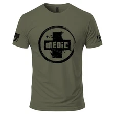 Medic Graphic T-Shirt American Flag Sleeve USA Made Screen Printed Cotton Tee