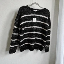 Calvin Klein NWT Black White Striped Super Soft Fuzzy Sweater Size Medium