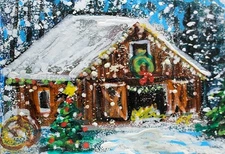 ACEO Original Winter XMAS BARN Farm Trees PAINTING Snow Country Landscape ART