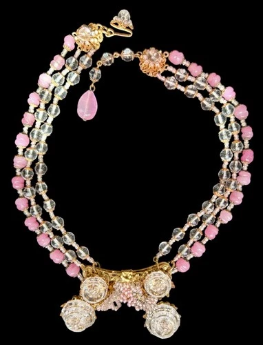 Vintage Miriam HASKELL RARE Signed Pink & Clear Glass Gold Tone Necklace 15.5”