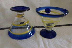  Set of 2 Kosta Boda Royal Caribbean Martini Sherbet Blown Glasses Blue & Yellow