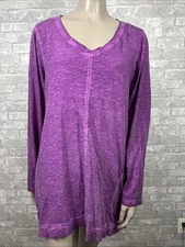 LOGO by Lori Goldstein Large Purple V-neck Tunic Blouse w/ Pockets Sharkbite Hem