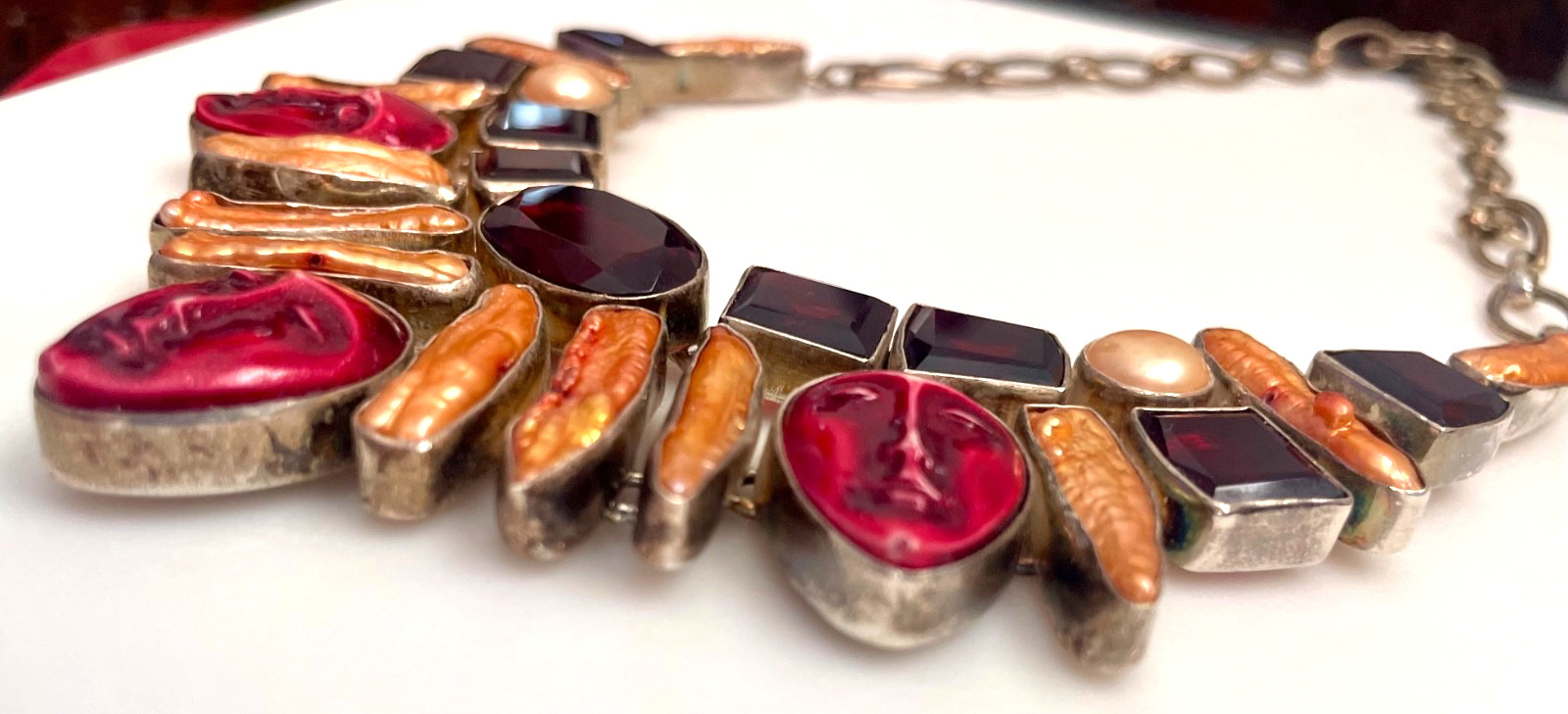 Artisan Silver Plated Statement Necklace Red Crys… - image 3