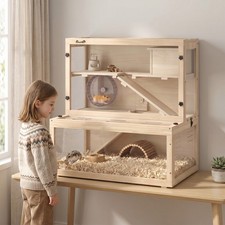 PawHut 3 Tier Wooden Hamster Cage with Hut, Wheel, Ramps, Refurbished
