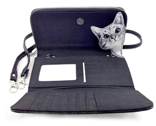 Peeking Cat Geldbörse schwarz weiß Reißverschluss Riemen Geschenk Portemonnaie Buch Modern Art Design. - Bild 2 von 6